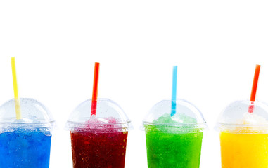 Row of Colorful Slush Drinks in Plastic Cups