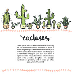 Hand drawn cactus set. Vector background. Cactus - lettering