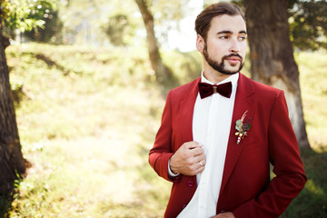 Stylish groom in tuxedo looking away suit marsala red, burgundy bow tie. 