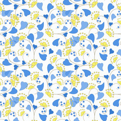 Floral seamless pattern in retro style, cartoon cute flowers on gray background 