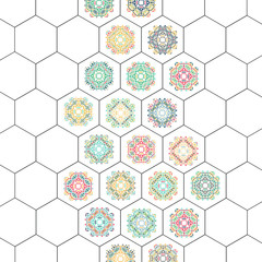 Set in oriental style on hexagons background