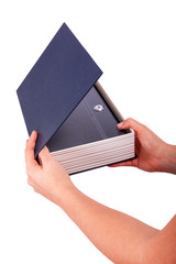 Woman hand holding safe isolated on white background