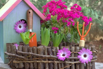 Spring background. flowers, garden tools and birdhouse.