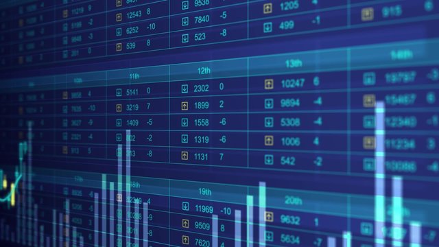 Electronic chart with stock market fluctuations, oil prices falling, rising, GDP

