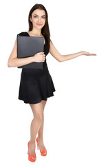 Portrait of an Attractive Young Businesswoman Showing Something, full-height