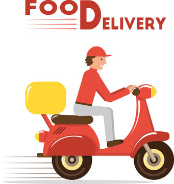 Food delivery concept. Minimal flat vector illustration of courier on scooter or motorbike
