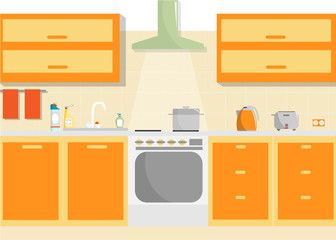 Kitchen vector interior with furniture and household supplies. Flat minimal illustration.
