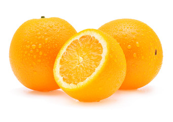 Orange fruit with drops isolated on white background