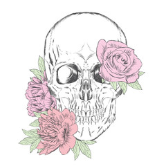 Hand-drawn skull. Skull and flowers. Vector illustration.
