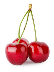 Three ripe cherries on the handle