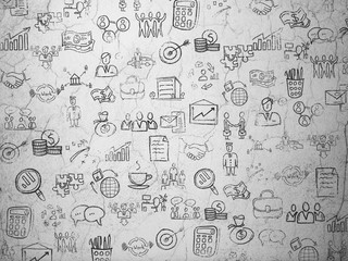 Grunge background:  wall texture with Painted Hand Drawn Business Icons