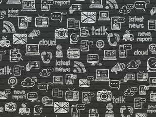 Grunge background: Black Brick wall texture with  Hand Drawn News Icons