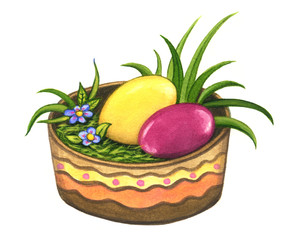 Easter basket with Easter eggs and grass isolated on a white background. Hand painted watercolor clip art. Easter graphic.