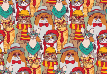 Cute cats group fashion hipster seamless pattern.