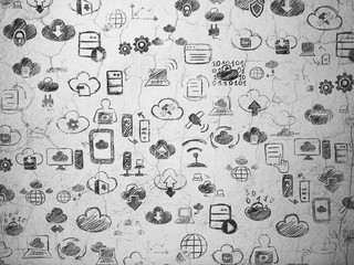 Obraz premium Grunge background: wall texture with Painted Hand Drawn Cloud Technology Icons