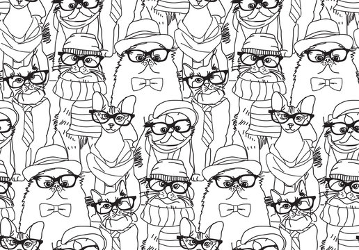 Cute cats group fashion hipster black seamless pattern. 