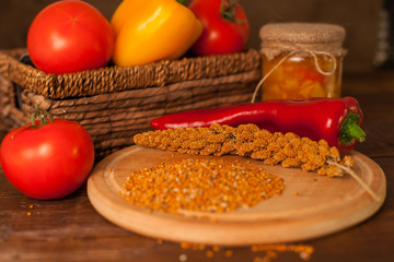 Tomatos, chiki, grains and paprika
