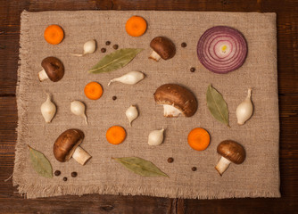 Mushrooms, carrots and onion in composition