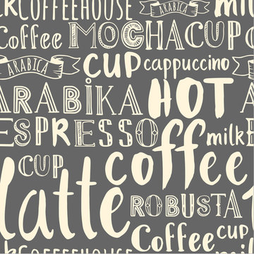 Pattern of coffee words. Seamless background with latte alphabet. 