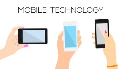 Set of three hands with phones.Man and woman hands touching screen and searching web.Copy space.Minimal flat vector illustration for print or web.Concept for online shopping, studying.Apply online
