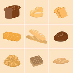 Different kinds of bread set. Collection of isolated pastry items top view for print or web. Bakery shop menu.
