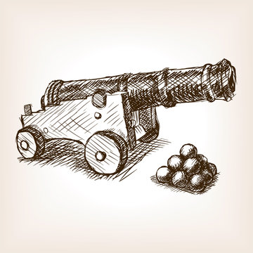 recommend clip art: Old cannon hand drawn sketch vector