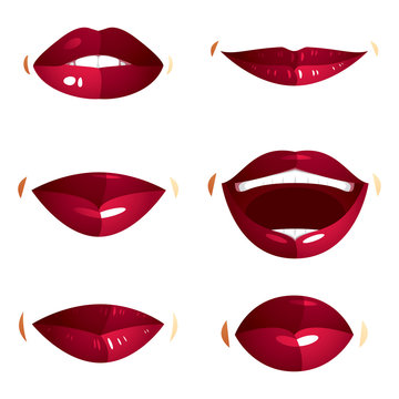 Collection of vector red female lips with makeup, different emot