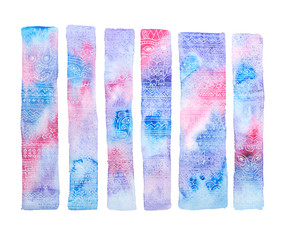 Watercolor Set of Totem Elements. Colorful Stylized Totem Poles Isolated on White Background with Hand Drawn Line Abstract Tribal Ornament, Faces and Animals