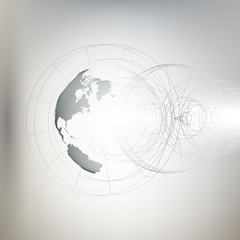 Three-dimensional dotted world globe with abstract construction on gray background, vector illustration