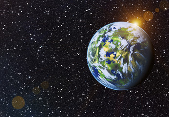 earth planet on sun and stars background with flare