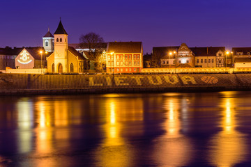 Night panorama of the river and Kaunas, Lithuania.