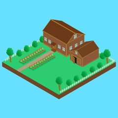 vector illustration. Wooden house and wooden shed, fenced. A bed of flowers, isometric
