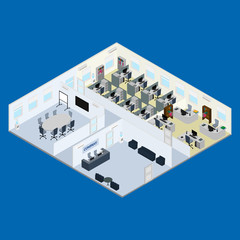 vector illustration. Office interior - reception, meeting room, open office space, room for management. isometric. .