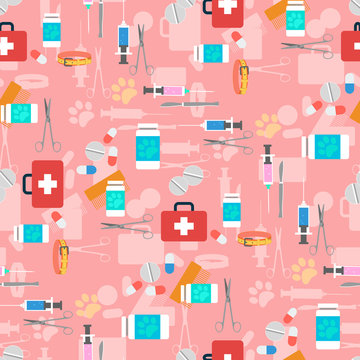 Veterinary set seamless pattern on pink background. Vector illustration