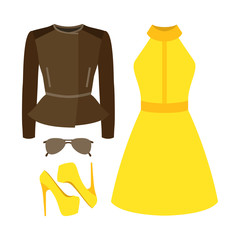 Set of trendy women's clothes. Outfit of woman rocker jacket, dress and accessories. Women's wardrobe. Vector illustration