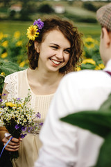 beautiful gorgeous bride and stylish handsome groom, joyful rust