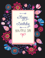 colorful vector illustration greeting card with flowers and label the spring with a bow on dark background, greeting card