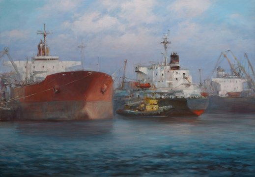 Tanker ships, classic handmade painting