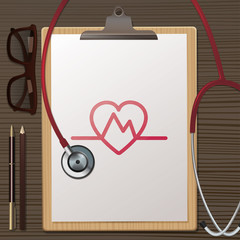 Clipboard with stethoscope on table. Medical concept.