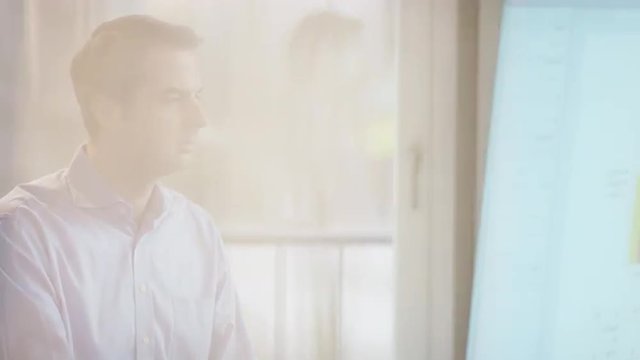 business man looking at monitor, surprized