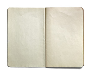 Blank open note book isolated on white background. Front view. Paper texture. Clipping path. Mock up.