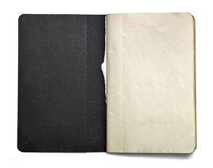Blank open note book with black title page isolated on white background. Front view. Paper texture. Clipping path. Mock up.