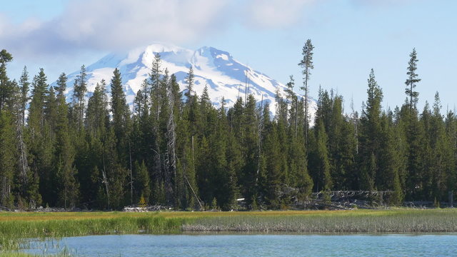 Locked down, early morning view of South Sister mountain with Little Lava Lake in the foreground; Deschutes National Forest, Oregon