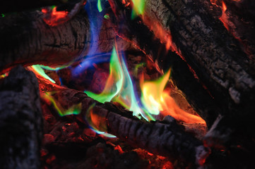 Unusual green flames from the fire caught in copper sulphate