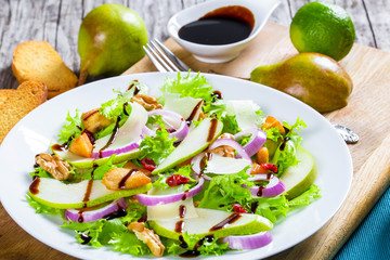 lettuce, pear, chicken, walnut, parmesan cheese, cranberry