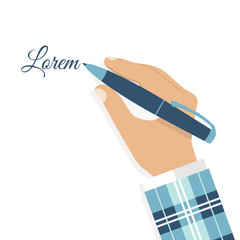 Hand of man with a pen close-up in flat style, vector.