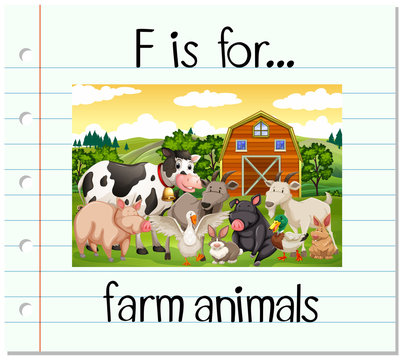 Flashcard letter F is for farm animals