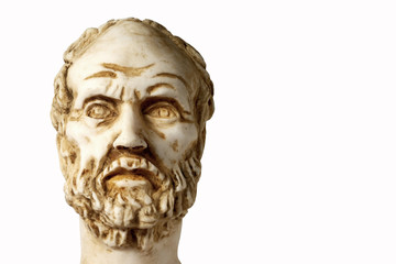 White marble bust of the greek philosopher Democritus isolated