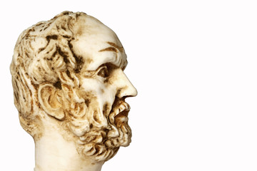 White marble bust of the greek philosopher Democritus, isolated
