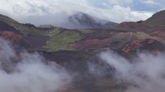 Panning closeup view of the interior of Haleakala Crater, Maui, Hawaii.